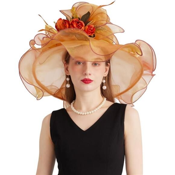 Women Organza Church Tea Party Hats Floral Orange main image 7